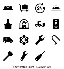 Solid vector icon set - taxi vector, baggage, 24 hours, client bell, recieptionist, officer window, fork loader, mobile payment, encashment car, gear globe, wrench, fretsaw, rubber hammer