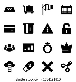 Solid vector icon set - taxi vector, baggage, side wind, schedule, credit card, atm, traffic light road sign, unlocked, group, statistics, diamond ring, crown, cloud ladder, usb wi fi, delete