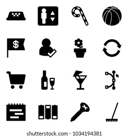 Solid vector icon set - taxi vector, elevator, lollipop, basketball ball, dollar flag, user check, flower pot, refresh, cart, wine, drink, bezier, terms plan, battery, screw, rake