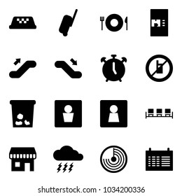 Solid vector icon set - taxi vector, suitcase, plate spoon fork, coffee machine, escalator up, down, alarm clock, no mobile sign, trash, male wc, female, waiting area, duty free, storm, radar