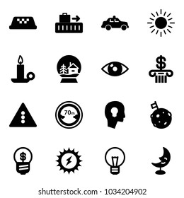 Solid vector icon set - taxi vector, baggage, safety car, sun, candle, snowball house, eye, bank, traffic light road sign, limited distance, head bulb, moon flag, business idea, power, lamp