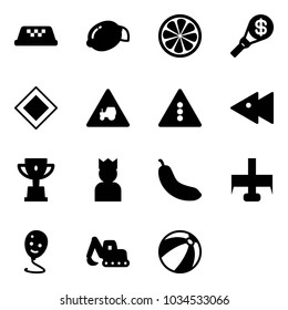 Solid vector icon set - taxi vector, lemon, slice, money torch, main road sign, tractor way, traffic light, fast backward, win cup, king, banana, milling cutter, balloon smile, excavator toy
