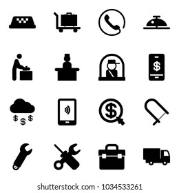 Solid vector icon set - taxi vector, baggage, phone, client bell, baby room, recieptionist, officer window, mobile payment, money rain, click, fretsaw, wrench, screwdriver, tool box, truck toy