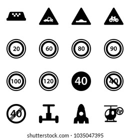 Solid vector icon set - taxi vector, car crash road sign, artificial unevenness, for moto, speed limit 20, 60, 80, 90, 100, 120, minimal, end, gyroscope, rocket, helicopter toy