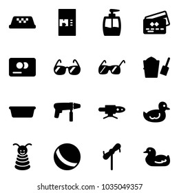 Solid vector icon set - taxi vector, coffee machine, liquid soap, credit card, sunglasses, bucket scoop, basin, drill, pipe welding, duck toy, pyramid, ball, windmill