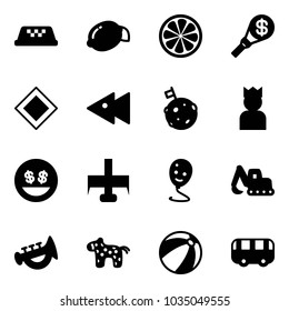 Solid vector icon set - taxi vector, lemon, slice, money torch, main road sign, fast backward, moon flag, king, smile, milling cutter, balloon, excavator toy, horn, horse, beach ball, bus
