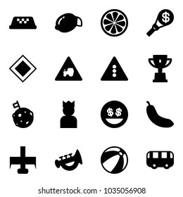 Solid vector icon set - taxi vector, lemon, slice, money torch, main road sign, tractor way, traffic light, win cup, moon flag, king, smile, banana, milling cutter, horn toy, beach ball, bus