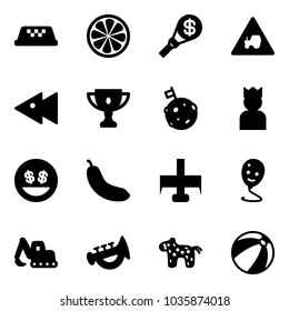 Solid vector icon set - taxi vector, lemon slice, money torch, tractor way road sign, fast backward, gold cup, moon flag, king, smile, banana, milling cutter, balloon, excavator toy, horn, horse