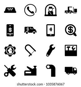 Solid vector icon set - taxi vector, phone, officer window, fork loader, mobile payment, encashment car, money click, gear globe, fretsaw, wrench, tool box, screwdriver, stapler, allen key