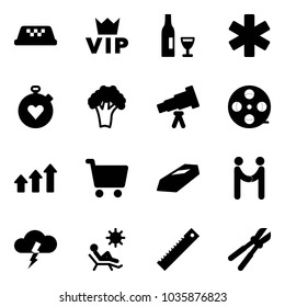 Solid vector icon set - taxi vector, vip, wine, ambulance star, stopwatch heart, broccoli, telescope, film coil, arrows up, cart, gold, agreement, storm, beach, ruler, bolt cutter