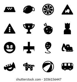 Solid vector icon set - taxi vector, lemon, slice, tractor way road sign, traffic light, gold cup, moon flag, king, money smile, milling cutter, balloon, excavator toy, horn, horse, beach ball, bus