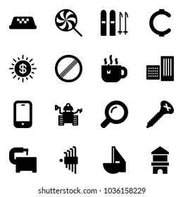 Solid vector icon set - taxi vector, lollipop, ski, cent, dollar sun, no limit road sign, hot tea, building, mobile phone, robot, magnifier, screw, machine tool, allen key set, sailboat toy