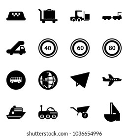 Solid vector icon set - taxi vector, baggage, fork loader, truck, trap, speed limit 40 road sign, 60, 80, bus, globe, paper fly, plane, cruiser, moon rover, wheelbarrow, sailboat toy