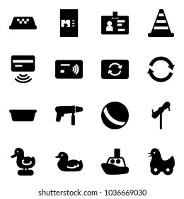 Solid vector icon set - taxi vector, coffee machine, identity, road cone, tap pay, card exchange, refresh, basin, drill, ball, toy windmill, duck, boat