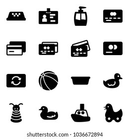 Solid vector icon set - taxi vector, identity, liquid soap, credit card, exchange, ball, basin, duck toy, pyramid, boat