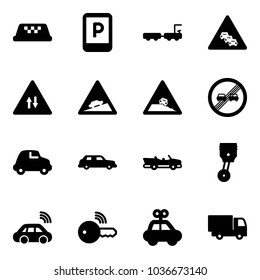 Solid vector icon set - taxi vector, parking sign, baggage truck, multi lane traffic road, oncoming, climb, steep roadside, end overtake limit, car, limousine, cabrio, piston, wireless, key, toy