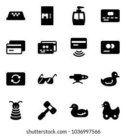 Solid vector icon set - taxi vector, coffee machine, liquid soap, credit card, tap pay, exchange, sunglasses, pipe welding, duck toy, pyramid, hammer