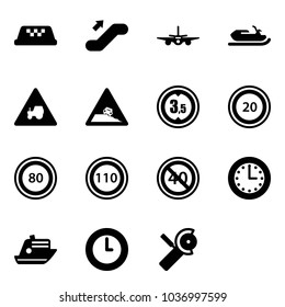 Solid vector icon set - taxi vector, escalator up, plane, snowmobile, tractor way road sign, steep roadside, limited height, speed limit 20, 80, 110, end minimal, time, cruiser, clock