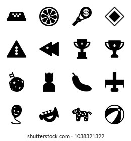 Solid vector icon set - taxi vector, lemon slice, money torch, main road sign, traffic light, fast backward, win cup, gold, moon flag, king, banana, milling cutter, balloon smile, horn toy, horse