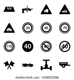 Solid vector icon set - taxi vector, boarding passengers, tractor way road sign, car crash, for moto, speed limit 20, 40, 70, 110, minimal, end, flags cross, cabrio, gyroscope, trailer