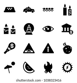 Solid vector icon set - taxi vector, safety car, garland, candle, snowball tree, eye, account, money torch, drawbridge road sign, traffic light, moon flag, beach, watermelone, fire, sun power