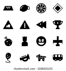 Solid vector icon set - taxi vector, lemon, slice, main road sign, tractor way, traffic light, fast backward, gold cup, moon flag, king, money smile, milling cutter, balloon, horn toy, horse, bus