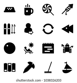 Solid vector icon set - taxi vector, tea, lollipop, firework rocket, ski, user login, refresh, fast backward, record, beach, terms plan, robot, battery, screw, rake, sailboat toy