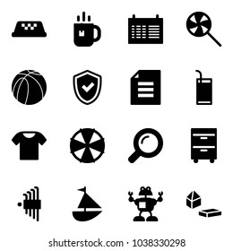 Solid vector icon set - taxi vector, tea, schedule, lollipop, basketball ball, shield check, document, drink, t shirt, parasol, magnifier, tool cabinet, allen key set, sailboat toy, robot