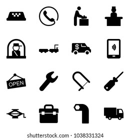 Solid vector icon set - taxi vector, phone, baby room, recieptionist, officer window, baggage truck, encashment car, mobile payment, open, wrench, fretsaw, screwdriver, jack, tool box, allen key