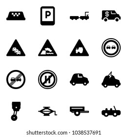 Solid vector icon set - taxi vector, parking sign, baggage truck, encashment car, multi lane traffic road, embankment, tractor way, no overtake, end limit, even, electric, piston, jack, trailer, toy