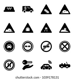 Solid vector icon set - taxi vector, encashment car, multi lane traffic road sign, climb, steep descent, tunnel, slippery, roadside, no, overtake, end limit, stop, parking even, key hand, wireless