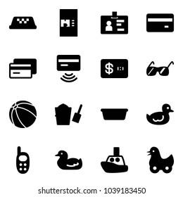 Solid vector icon set - taxi vector, coffee machine, identity, credit card, tap pay, sunglasses, ball, bucket scoop, basin, duck toy, phone, boat