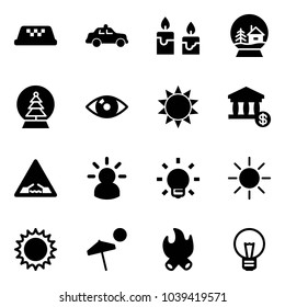 Solid vector icon set - taxi vector, safety car, candle, snowball house, tree, eye, sun, account, drawbridge road sign, idea, bulb, beach, fire