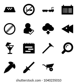 Solid vector icon set - taxi vector, no smoking sign, baggage truck, schedule, limit road, user check, download cloud, fast backward, drink, terms plan, mason hammer, magnifier, screw, clinch