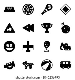 Solid vector icon set - taxi vector, lemon slice, money torch, main road sign, tractor way, fast backward, gold cup, moon flag, smile, milling cutter, balloon, excavator toy, horn, horse, beach ball