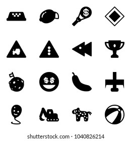 Solid vector icon set - taxi vector, lemon, money torch, main road sign, tractor way, traffic light, fast backward, gold cup, moon flag, smile, banana, milling cutter, balloon, excavator toy, horse