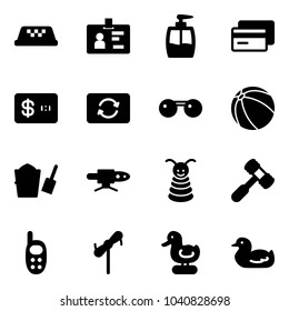 Solid vector icon set - taxi vector, identity, liquid soap, credit card, exchange, sunglasses, ball, bucket scoop, pipe welding, pyramid toy, hammer, phone, windmill, duck