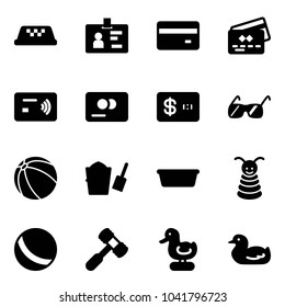 Solid vector icon set - taxi vector, identity, credit card, tap pay, sunglasses, ball, bucket scoop, basin, pyramid toy, hammer, duck