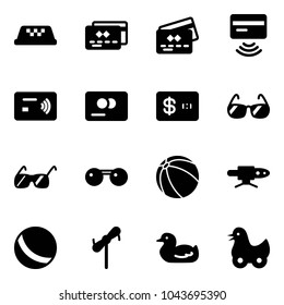 Solid vector icon set - taxi vector, credit card, tap pay, sunglasses, ball, pipe welding, toy windmill, duck
