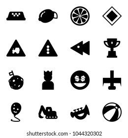 Solid vector icon set - taxi vector, lemon, slice, main road sign, tractor way, traffic light, fast backward, win cup, moon flag, king, money smile, milling cutter, balloon, excavator toy, horn