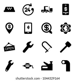 Solid vector icon set - taxi vector, 24 hours, fork loader, mobile payment, dollar pin, money click, gear globe, open, wrench, fretsaw, rubber hammer, jack, stapler, allen key