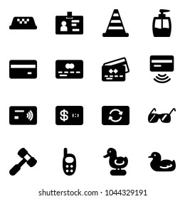 Solid vector icon set - taxi vector, identity, road cone, liquid soap, credit card, tap pay, exchange, sunglasses, toy hammer, phone, duck