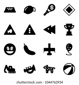 Solid vector icon set - taxi vector, lemon, money torch, main road sign, tractor way, traffic light, fast backward, win cup, smile, banana, milling cutter, balloon, excavator toy, horn, horse