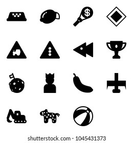 Solid vector icon set - taxi vector, lemon, money torch, main road sign, tractor way, traffic light, fast backward, gold cup, moon flag, king, banana, milling cutter, excavator toy, horse