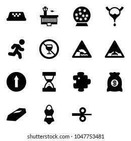 Solid vector icon set - taxi vector, airport building, snowball, bladder, run, no alcohol sign, embankment road, drawbridge, only forward, sand clock, puzzle, money bag, gold, swimsuit
