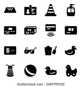Solid vector icon set - taxi vector, identity, road cone, liquid soap, credit card, tap pay, sunglasses, bucket scoop, duck toy, pyramid, ball