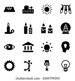 Solid vector icon set - taxi vector, baggage, sun, garland, candle, snowball tree, eye, bank, bulb, head, bezier, laser