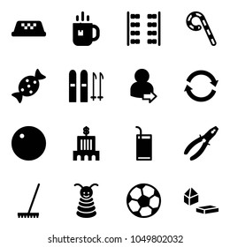 Solid vector icon set - taxi vector, tea, plane seats, lollipop, candy, ski, user login, refresh, record, bank building, drink, pliers, rake, pyramid toy, soccer ball, constructor blocks