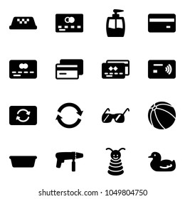 Solid vector icon set - taxi vector, credit card, liquid soap, tap pay, exchange, refresh, sunglasses, ball, basin, drill machine, pyramid toy, duck