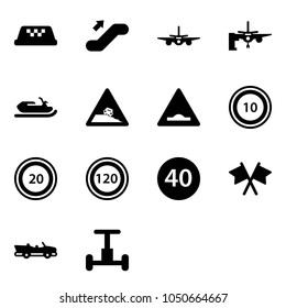 Solid vector icon set - taxi vector, escalator up, plane, boarding passengers, snowmobile, steep roadside road sign, artificial unevenness, speed limit 10, 20, 120, minimal, flags cross, cabrio